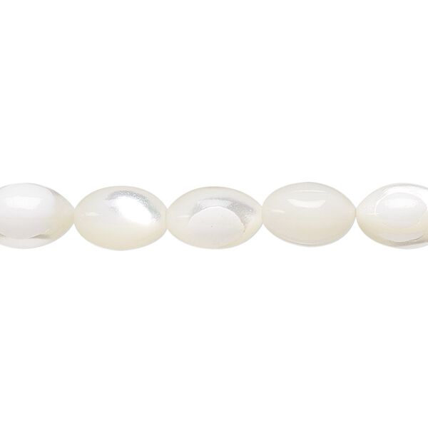 Bead, mother-of-pearl shell (bleached), white, 10x7mm oval, Mohs hardness 3-1/2. Sold per 15-1/2" to 16" strand. image number 0