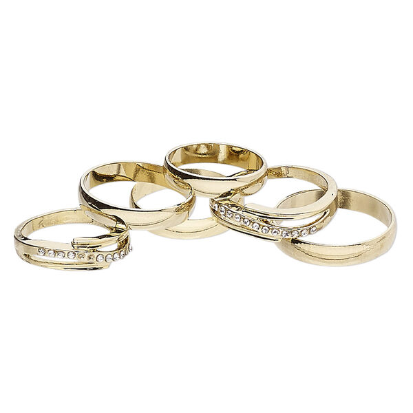 Ring mix, glass rhinestone and gold-finished brass, clear, 4mm and 6mm wide, size 5 to 12-1/2. Sold per pkg of 6. image number 0