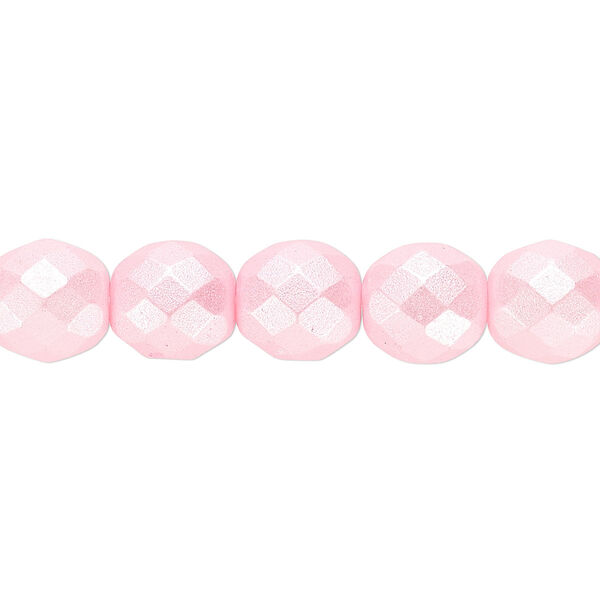 Bead, Czech fire-polished dipped décor glass, pearlescent light pink, 10mm faceted round. Sold per pkg of 600 (1/2 mass). image number 0