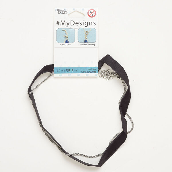 Necklace, steel and ribbon, pkg/14-inch, silver finish and black, 10.5mm choker. image number 0