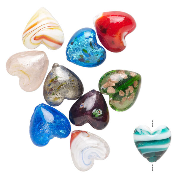 Bead mix, lampworked glass, pkg/10, opaque and translucent multicolored with silver-colored foil and copper-colored glitter, 18-20mm puffed heart. image number 0