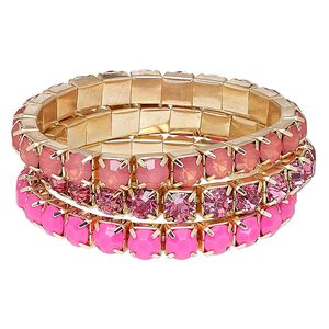 Bracelet, stretch, acrylic rhinestone and gold-finished steel, pink and frosted pink, 8mm wide cupchain, 7 inches. Sold per 3-piece set.