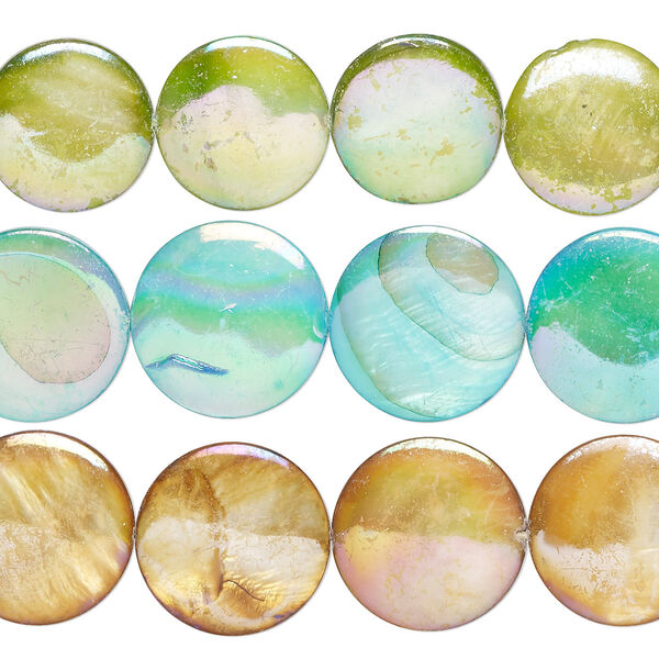 Bead mix, mother-of-pearl shell (bleached / dyed), multicolored AB, 16-21mm puffed flat round with 0.4-0.6mm hole, Mohs hardness 3-1/2. Sold per pkg of (3) 15-inch strands. image number 0