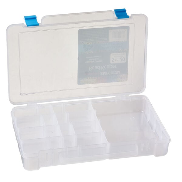 Organizer box, The Beadery®, 1pkg1, plastic, clear / blue, 10-7/8 x 7-1/4 x 1-1/2 inches with 5 to 20 adjustable compartments (2185). image number 2