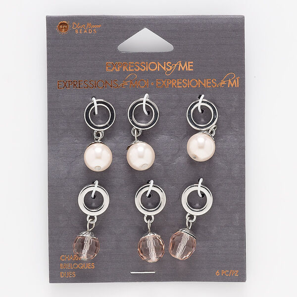 Drop, acrylic pearl / steel/ silver-finished "pewter" (zinc-based alloy), pink, 28mm dangle with 9mm round and faceted round with 6.5mm hole. Sold per pkg of 6. image number 0