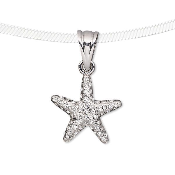 Pendant, Preciosa Czech glass rhinestone and silver-finished pewter (tin-based alloy), clear, 18x18mm starfish. Sold individually. image number 0