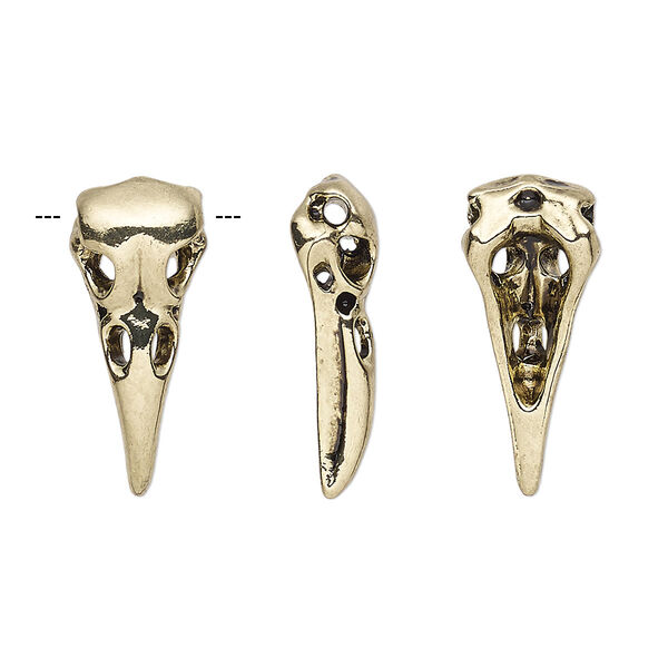 Charm, antique gold-finished "pewter" (zinc-based alloy), 23x10mm double-sided 3D raven skull. Sold per pkg of 4. image number 0