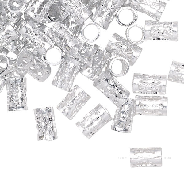 Bead, anodized aluminum, silver, 8x5mm-9x5mm unsoldered filigree round tube with 4mm hole. Sold per pkg of 100. image number 0