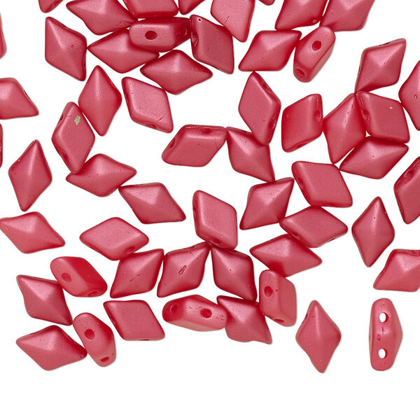 Bead, DiamonDuo™, Czech pressed glass, opaque pastel dark coral red, 8x5mm faceted diamond with flat back and (2) 0.7-0.8mm holes. Sold per 50-gram pkg, approximately 350 beads. image number 0