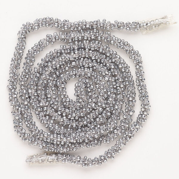 Cord, glass and nylon, pkg/40 inches, 5.5mm round hand-crocheted seed bead cord, silver. image number 0