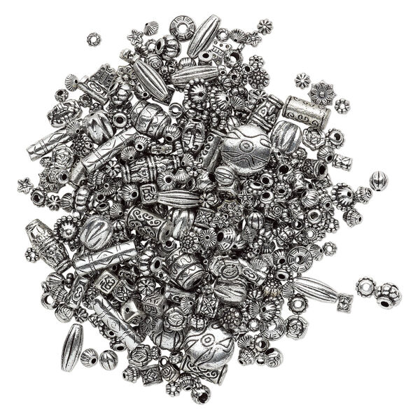 Bead mix, antiqued silver-finished plastic, 6.5x2mm-25x19.5mm mixed shape. Sold per 250-gram pkg, approximately 1,200 to 1,500 beads. image number 1