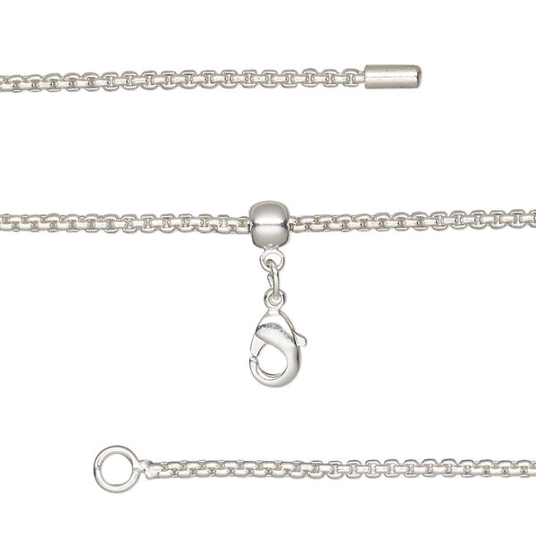 Chain, silicone and silver-plated brass, 1.4mm square rolo, adjustable from 16 to 23-1/2 inches with lobster claw clasp and adjustable slider bead. Sold individually. image number 0