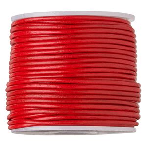 Cord, leather (dyed), red, 1.4-1.6mm round. Sold per 25-yard spool.
