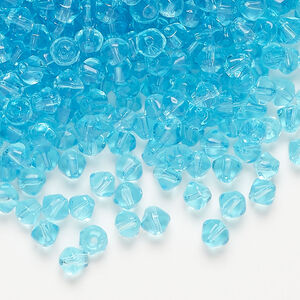 Bead 1pkg1, glass, translucent aqua blue, 4mm bicone, 4 ounces
