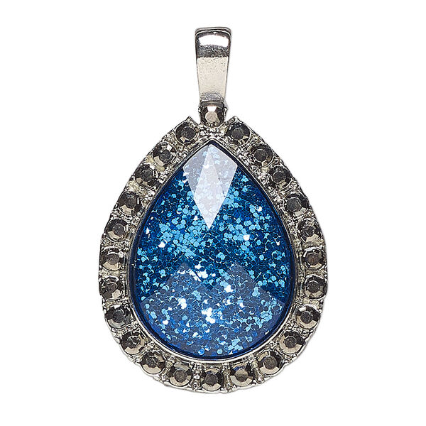 Pendant, antique silver finished "pewter" (zinc-based alloy) / glass / acrylic, blue glitter and grey, 28x24mm teardrop. Sold individually. image number 0