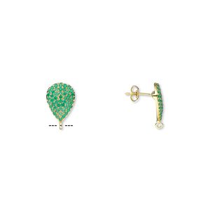 Earstud 1pkg2 sterling silver / green onyx, 17x12mm teardrop / open loop, gold-finished 1 pair