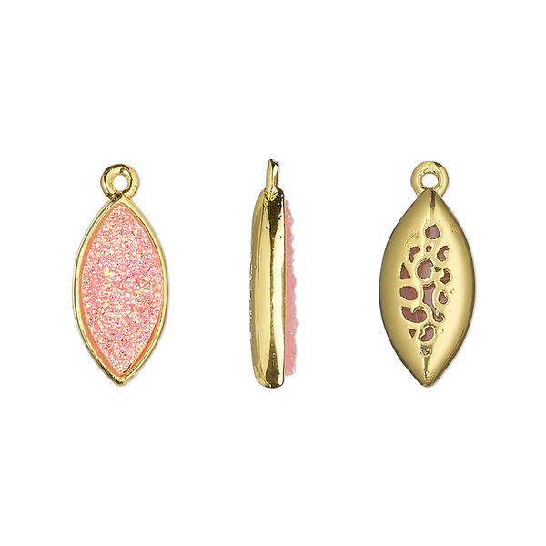 Drop, Druzylite™, "druzy" (resin) and gold-finished brass, pink, 16x8mm two-sided marquise with open filigree back. Sold per pkg of 4. image number 0
