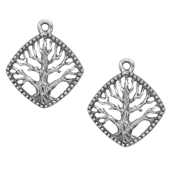 Charm, antiqued pewter (tin-based alloy), 20x20mm single-sided diamond with tree of life. Sold per pkg of 2. image number 0