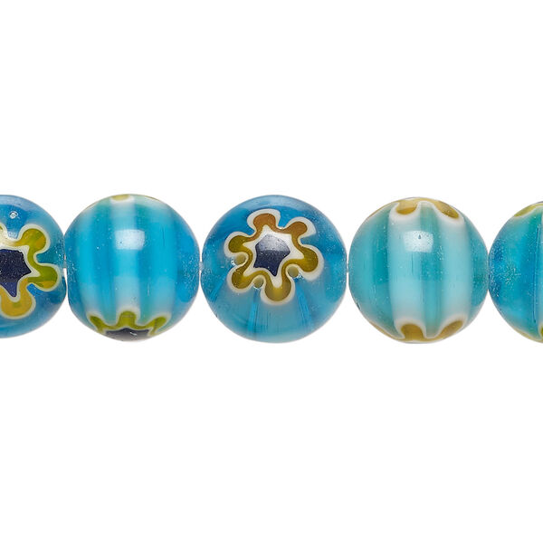 Bead, millefiori glass 1pkg1, translucent dark aqua / dark blue / white, 11-13mm round, 15 inches. image number 0
