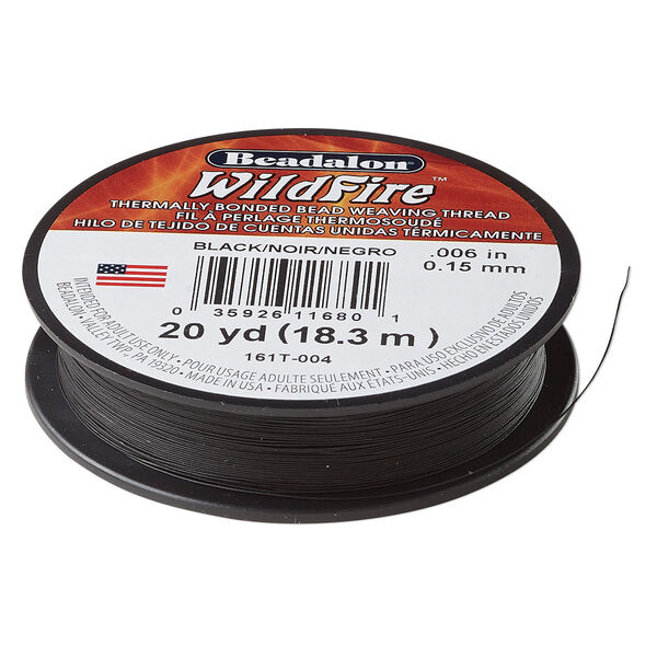 Thread, Beadalon® WildFire™, polyester and plastic, black, 0.15mm with bonded coating, 10-pound test. Sold per 20-yard spool. image number 0