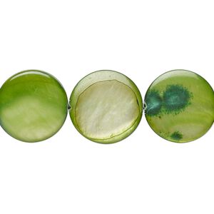 Bead, mother-of-pearl shell (dyed), moss green, 14-15mm flat round with 0.6-1mm hole, Mohs hardness 3-1/2. Sold per 15-inch strand.