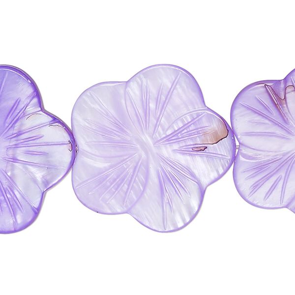Bead, mother-of-pearl shell (dyed), purple, 24x23mm-26x25mm carved flat flower with 0.6-0.8mm hole, Mohs hardness 3-1/2. Sold per 15-1/2" to 16" strand. image number 0