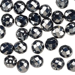 Czech fire-polished glass 1pkg50, faceted round bead opaque hematite 8mm