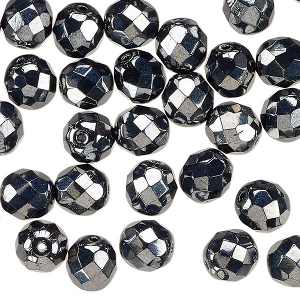 Czech fire-polished glass 1pkg50, faceted round bead opaque hematite 8mm image number 0