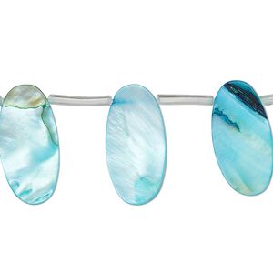 Bead, mother-of-pearl shell (dyed), blue, 19x7mm-20x10mm top-drilled flat oval, Mohs hardness 3-1/2. Sold per 14-inch strand, approximately 20 beads.