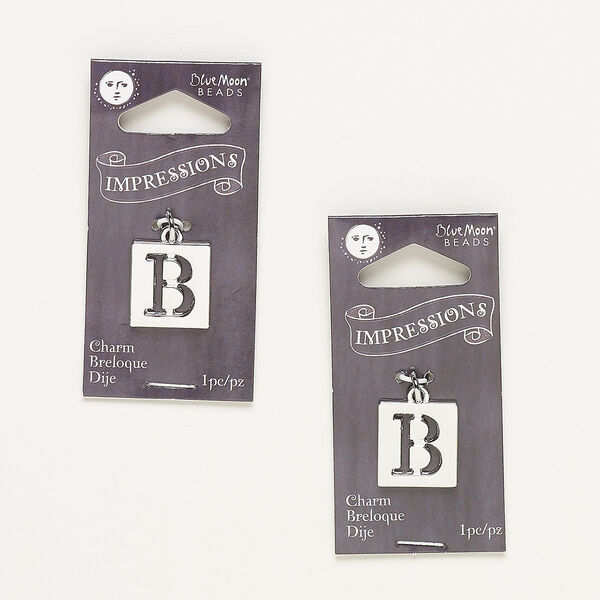 Drop, silver-finished "pewter" (zinc-based alloy) and steel, 16x15mm flat square with cutout alphabet letter "B." Sold per pkg of 2. image number 0