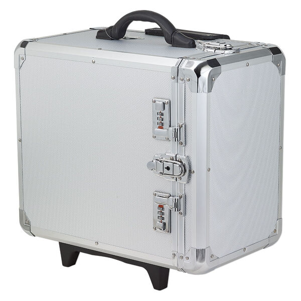 Jewelry case, aluminum / steel / plastic / polyester / VELCRO®, grey and black, 17-1/2 x 16 x 11 inches with diamond pattern and wheels. Sold individually. image number 2