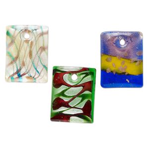 Random focal mix, lampworked glass, opaque and translucent mixed colors, 44x33mm-46x35mm domed rectangle with copper-colored glitter and silver-colored foil. Sold per pkg of 3.