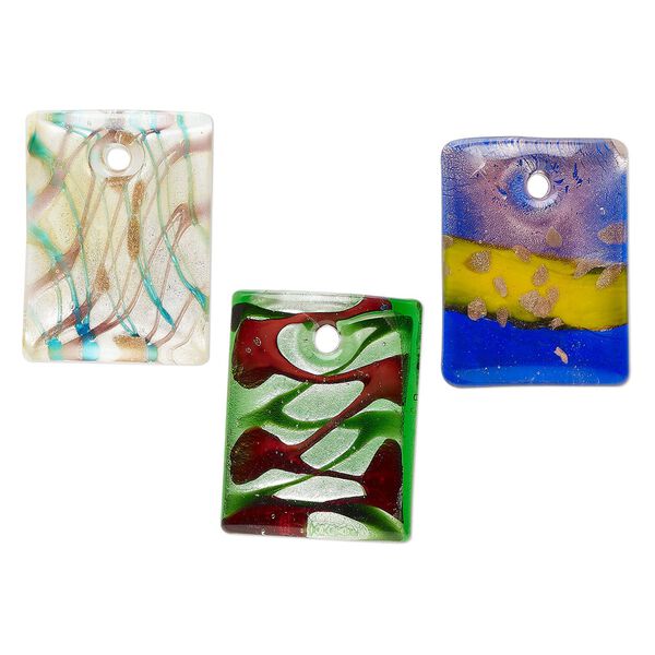 Random focal mix, lampworked glass, opaque and translucent mixed colors, 44x33mm-46x35mm domed rectangle with copper-colored glitter and silver-colored foil. Sold per pkg of 3. image number 0