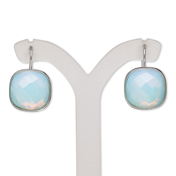 Earring, sea "opal" glass and silver-finished "pewter" (zinc-based alloy), 21mm with square and fishhook ear wire. Sold per pair. image number 0
