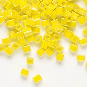Seed bead, Miyuki, glass, pkg/25g, 3.5-3.7mm square, opaque rainbow yellow (SB-404R).