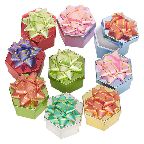 Gift box, ring, paper / plastic / nylon, mixed colors, 1-3/4 x 1-3/4 x 1-1/2 inch hexagon with ribbon and white velveteen insert. Sold per pkg of 9. image number 0