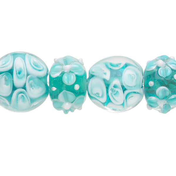 Bead, lampworked glass, clear / white / aqua, 13mm-18x10mm bumpy rondelle with flower design and 13-18mm puffed flat round with flower design. Sold per pkg of 16. image number 0