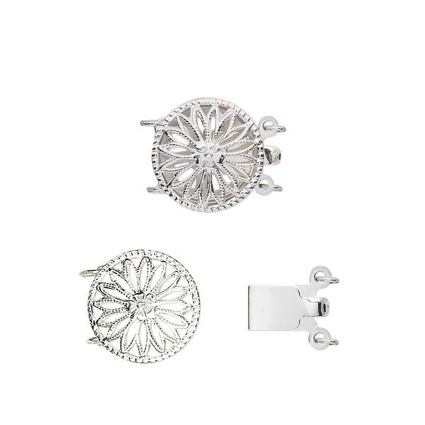 Clasp, 2-strand tab, sterling silver, 12mm filigree round. Sold individually. image number 0