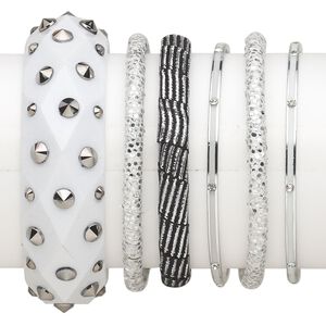 Bracelet mix, bangle, wood (dyed) / leatherette / plastic / enamel / polyester / silver-finished steel, white / silver / clear, 3-24mm wide with mixed design, 7-1/2 inches. Sold per 6-piece set.