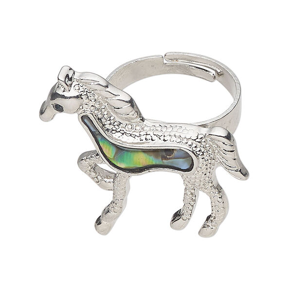Ring 1pkg1 brass / paua shell / glass rhinestone, 32x31mm horse, natural silver finish / black image number 0