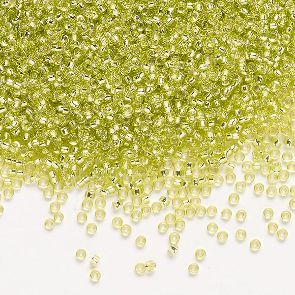 Seed bead, Miyuki, glass, pkg/250g, #15 rocaille, transparent silver-lined chartreuse (RR-14). image number 0