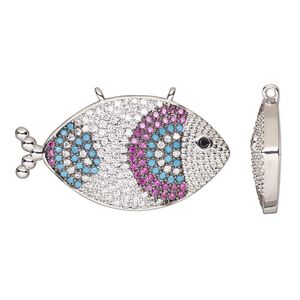 Connector, cubic zirconia and silver-finished brass, multicolored, 31.5x17mm single-sided fish. Sold individually.