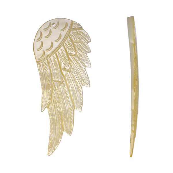Focal, golden lip shell (natural), 55x28mm-60x31mm single-sided hand-cut carved wing, Mohs hardness 3-1/2. Sold individually. image number 0