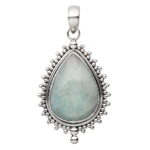 Pendant, aquamarine (heated) and antiqued sterling silver, 40x26mm beaded teardrop with 25x18mm teardrop. Sold individually. image number 0