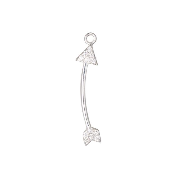 Charm, sterling silver and cubic zirconia, clear, 26x4mm single-sided curved arrow. Sold individually. image number 0
