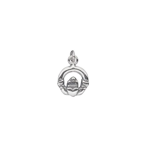 Charm, antiqued sterling silver, 10mm single-sided small Claddagh. Sold per pkg of 2. image number 0