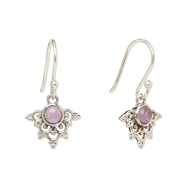 Ear wire, Create Compliments®, antiqued sterling silver and amethyst (natural), fishhook, 24.5mm with 13x11mm single-sided beaded fancy arrowhead, 21 gauge. Sold per pair. image number 0