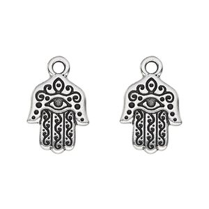 Drop, TierraCast®, antique silver-plated pewter (tin-based alloy), 16x13mm double-sided Fatima hand with eye. Sold per pkg of 2.
