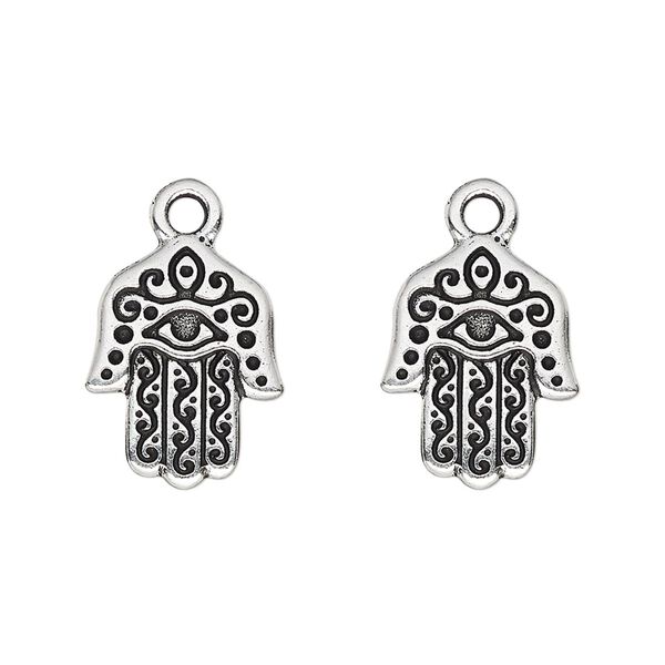 Drop, TierraCast®, antique silver-plated pewter (tin-based alloy), 16x13mm double-sided Fatima hand with eye. Sold per pkg of 2. image number 0