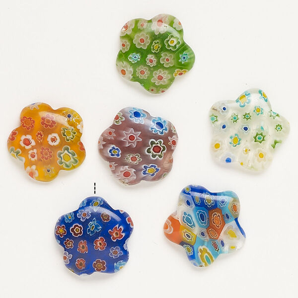 Bead, millefiori glass, translucent multicolored, 19-20mm half-drilled puffed star. Sold per pkg of 6. image number 0